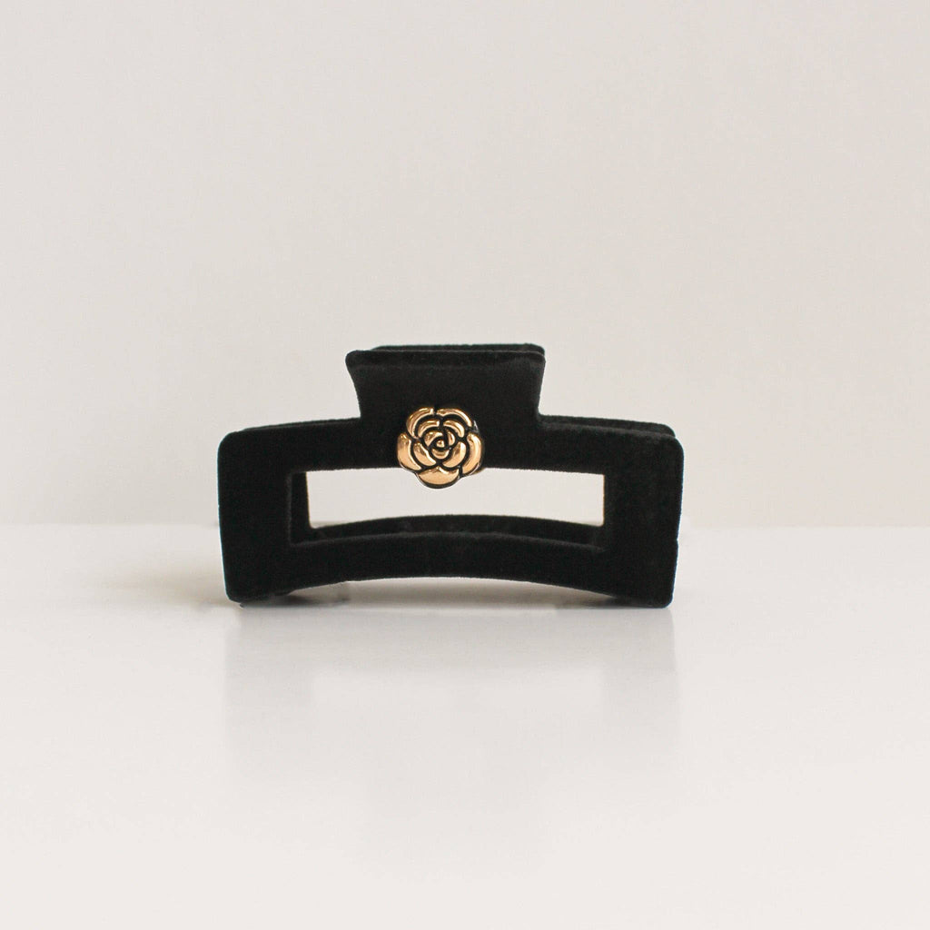 Claw Clip | Black Velvet with Gold Flower