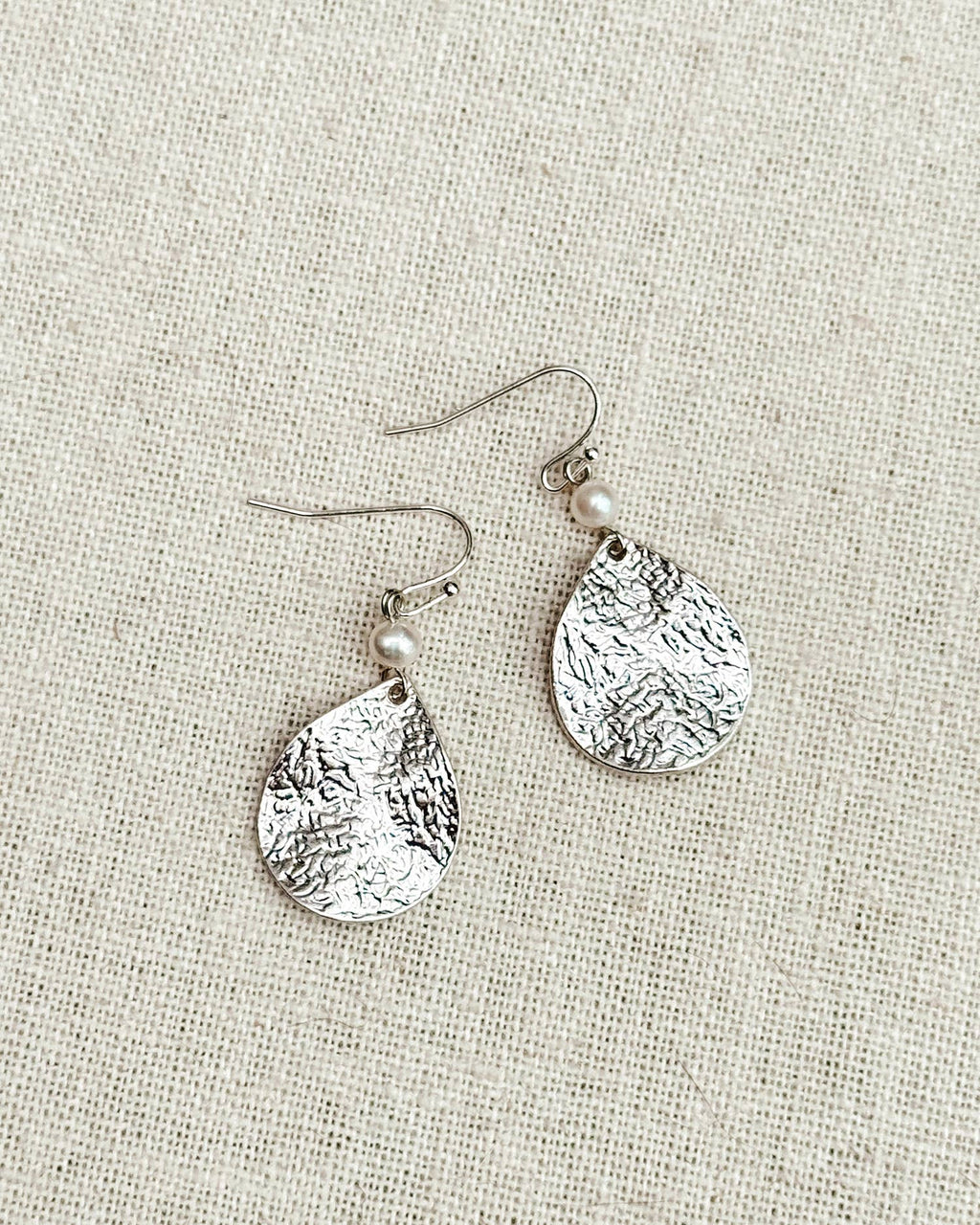 Hammered Teardrop & Freshwater Pearl Dangle Earrings
