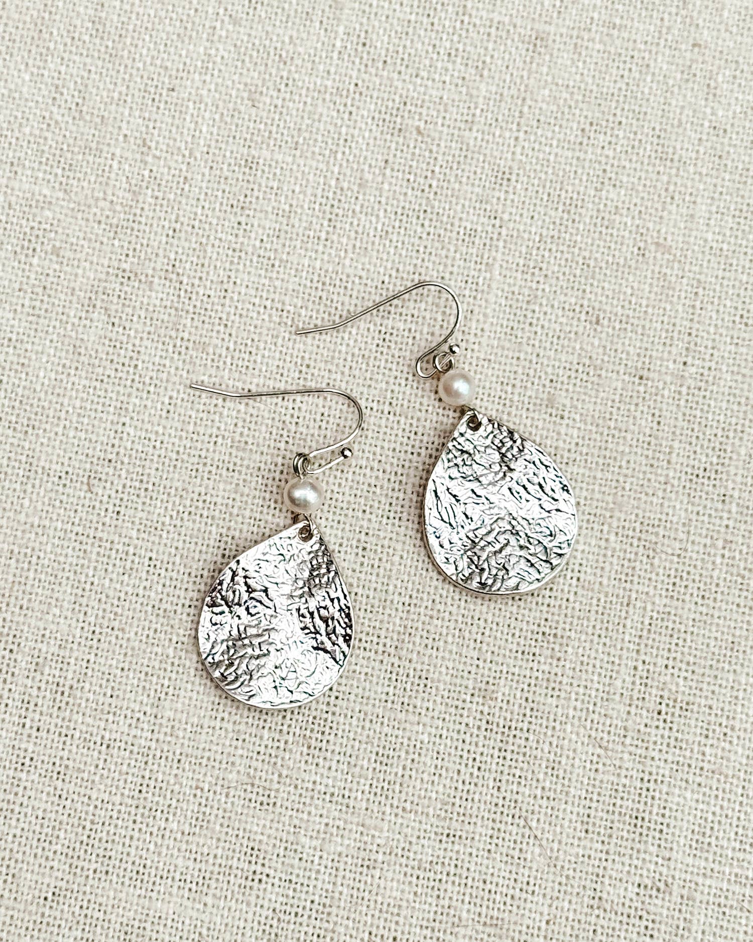Hammered Teardrop & Freshwater Pearl Dangle Earrings