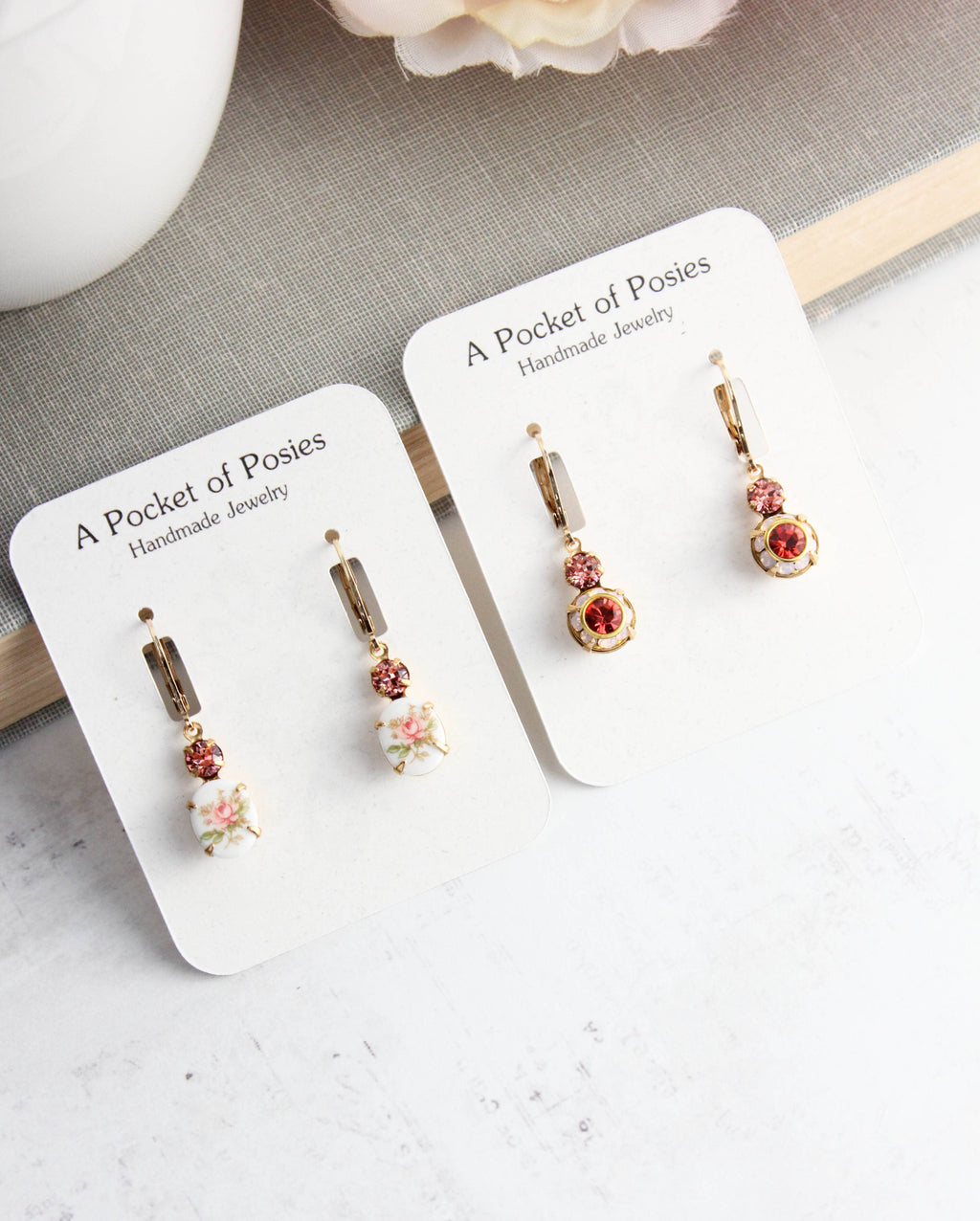 Pink Rose Flower Cameo Earrings