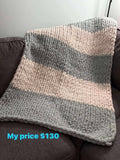 Sherry Flynn Handknit Blanket. - Dark Blue + White Stripe