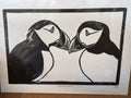 Original Linocut Block Print | Kissing Puffins