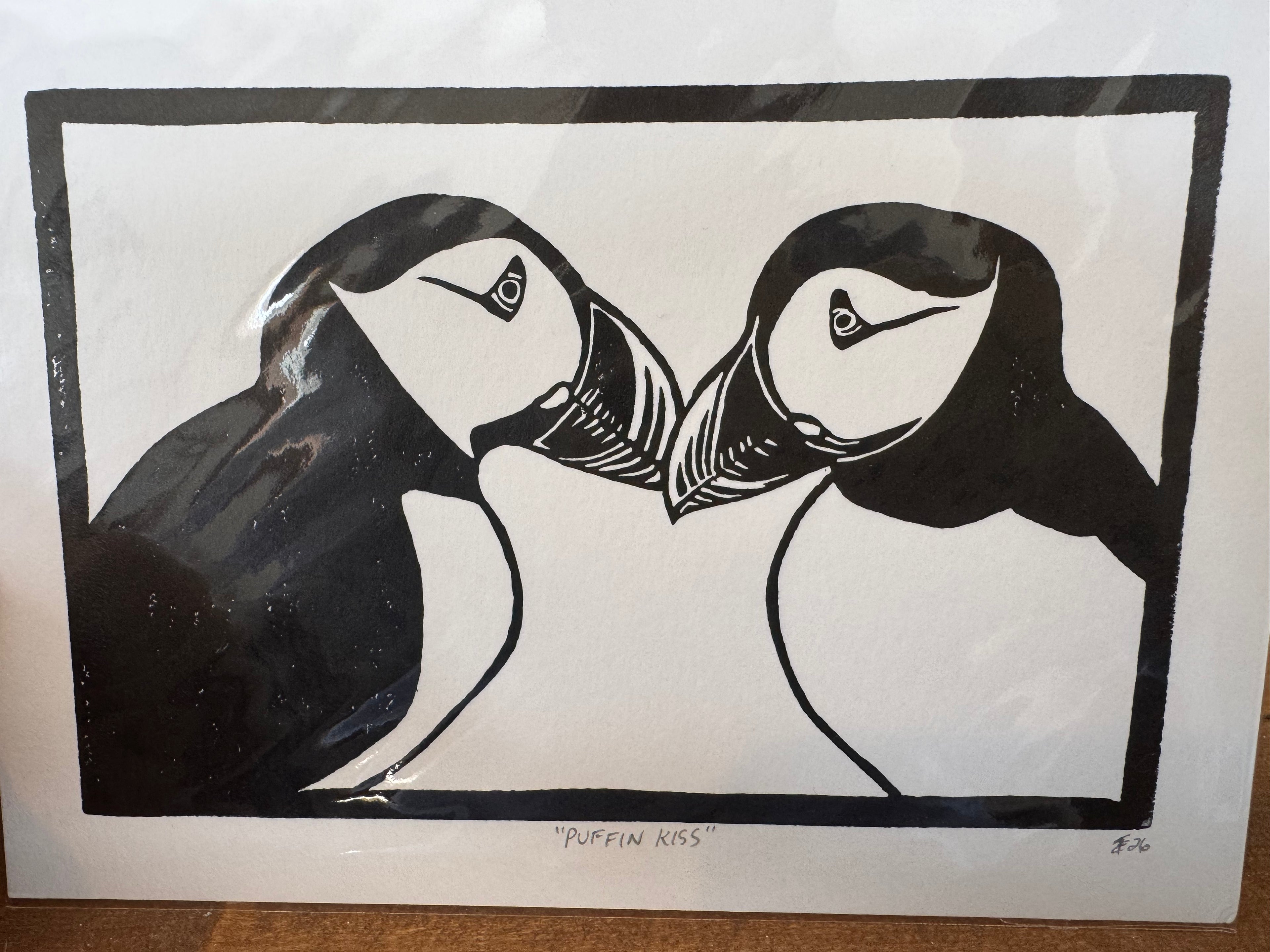 Original Linocut Block Print | Kissing Puffins