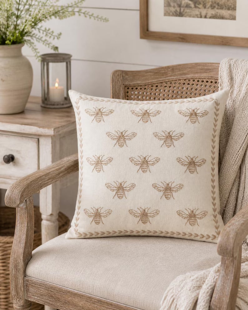 Linen Honeybee Pillow Cover 18x18 | Cream