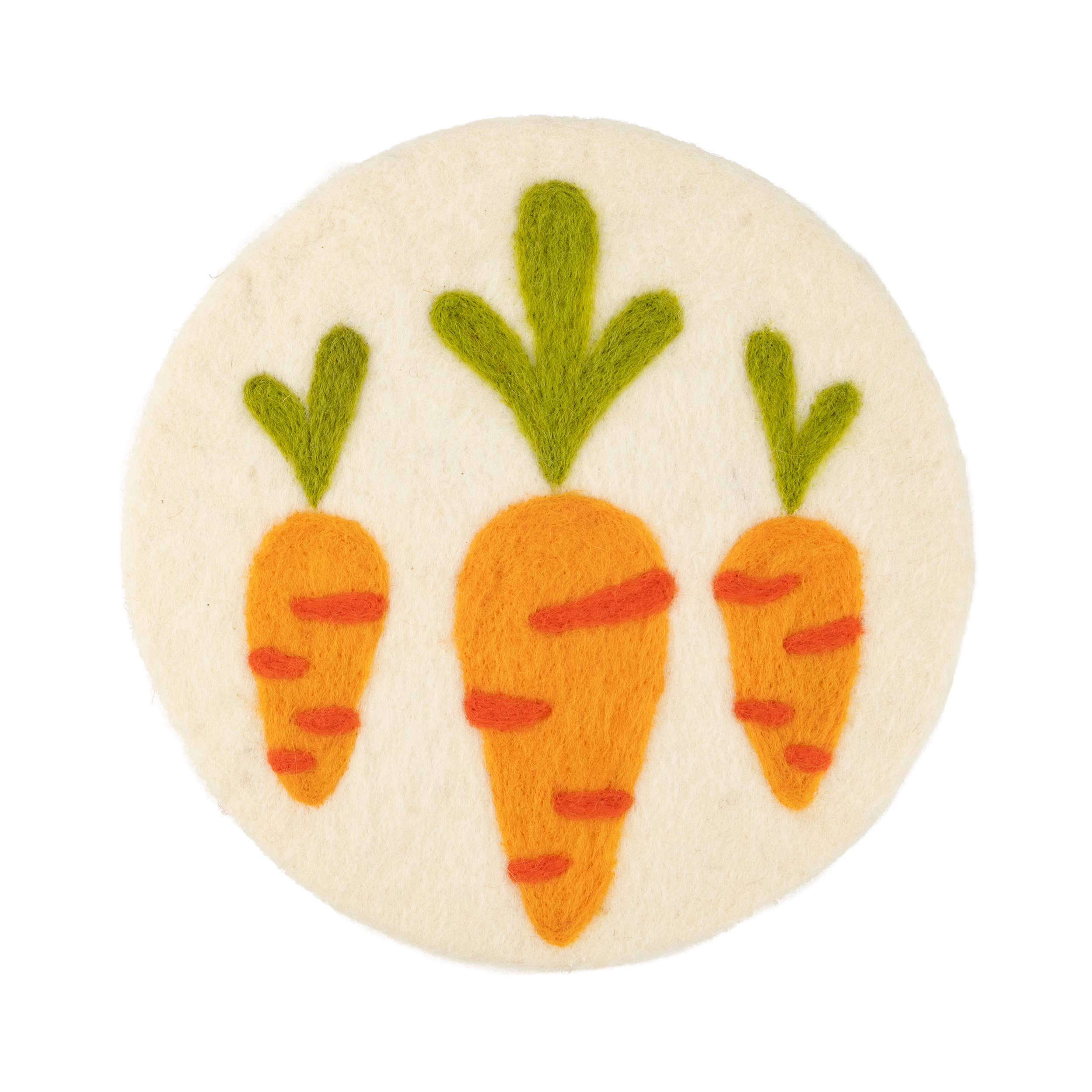 A05265: Circular felt trivet, natural, carrot trio, 8.5 in