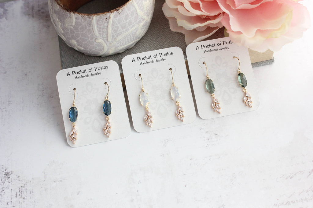 Blue Crystal Leaf Motif Earrings