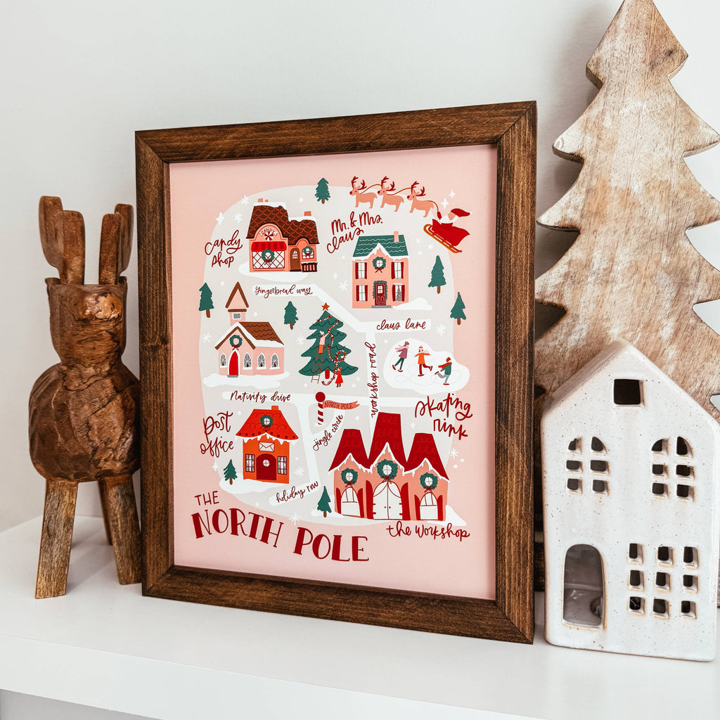 North Pole Map Framed Christmas Wood Sign