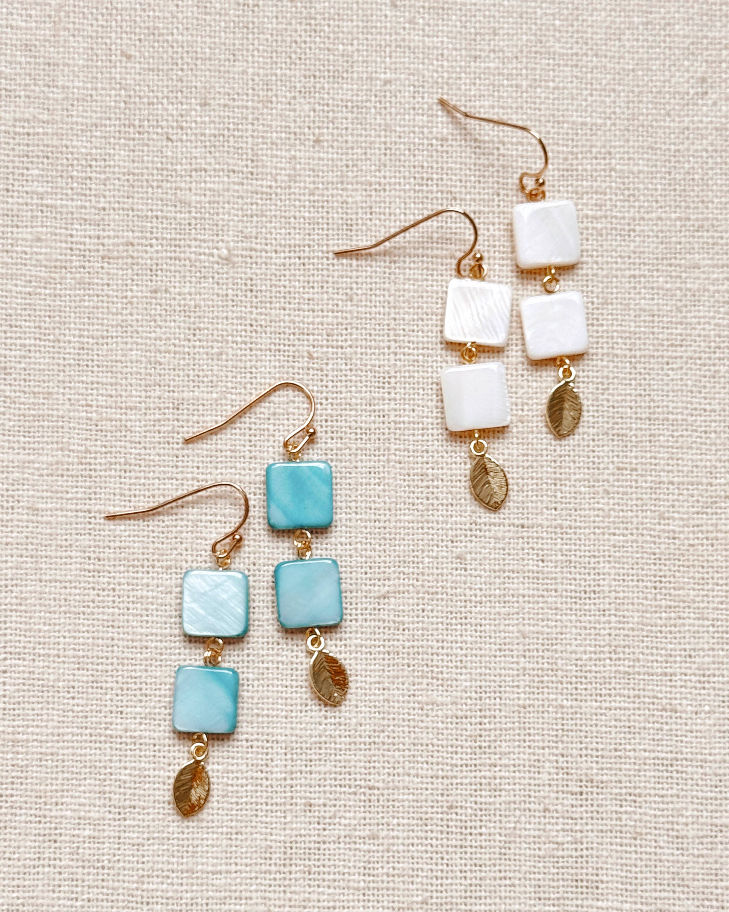 Gold Double Shell and Leaf Drop Earrings