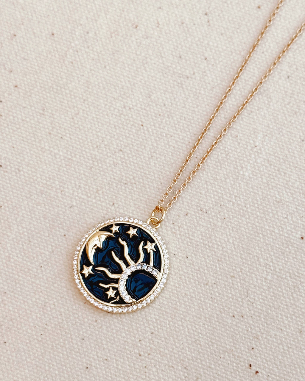 Gold Celestial Sun and Moon CZ Pendant Necklace