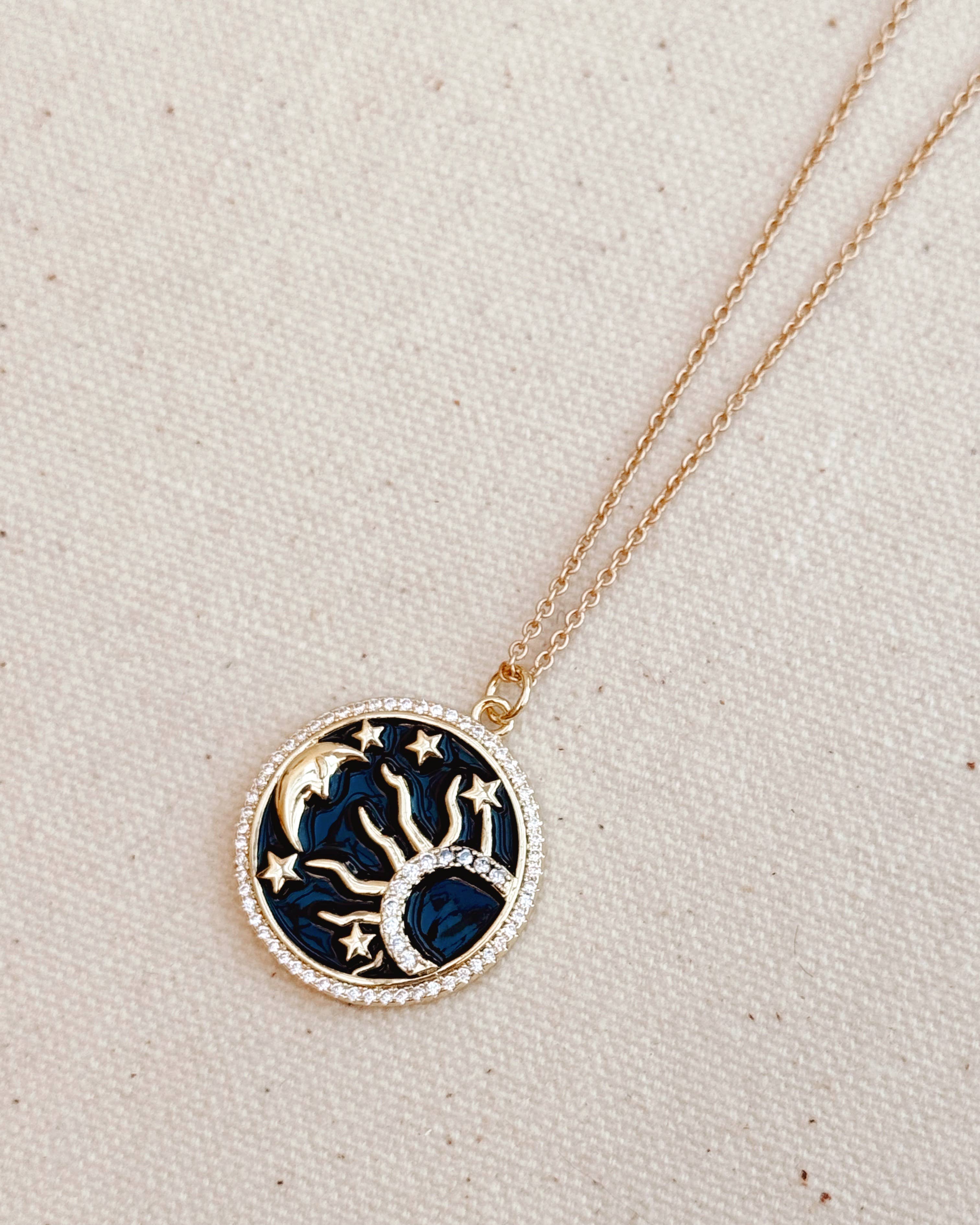 Gold Celestial Sun and Moon CZ Pendant Necklace