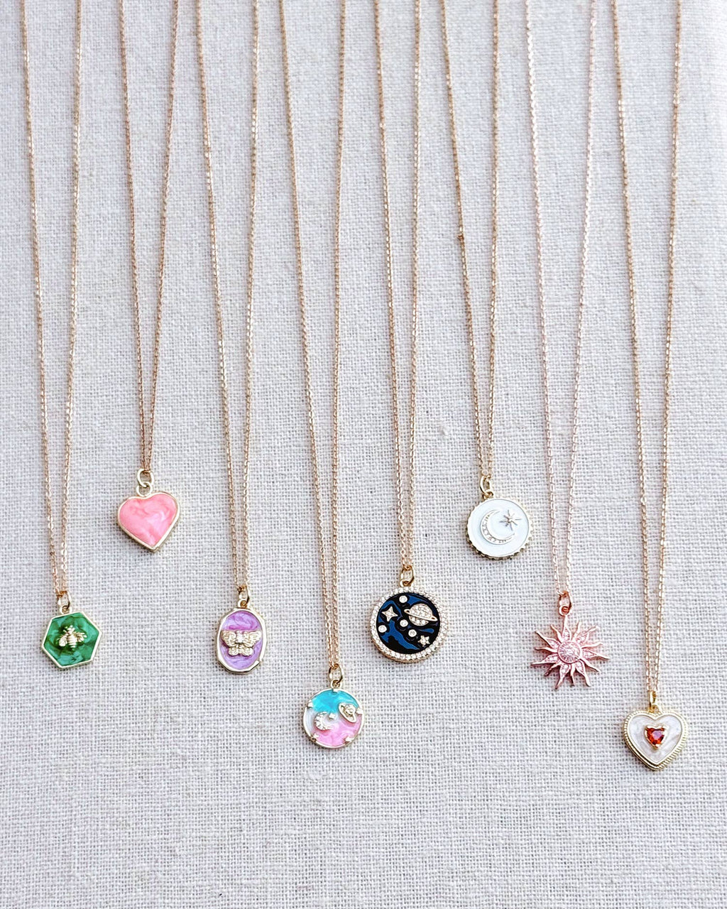 Gold Green Enamel Charm Necklace