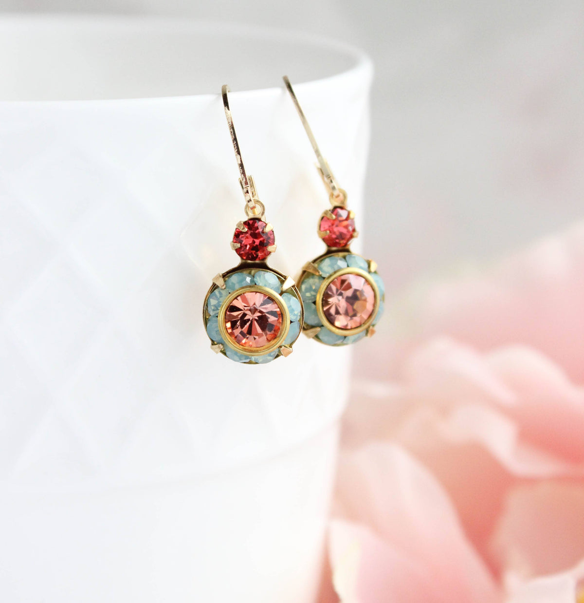 Art Deco Earrings | Coral Peach and Aqua Opal