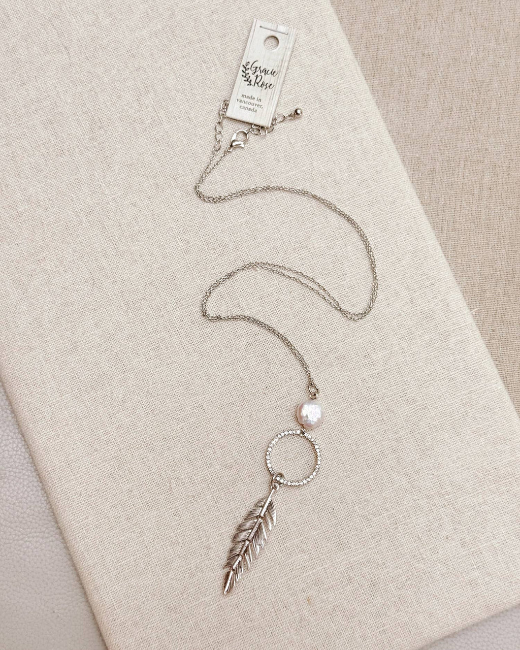 Pearl, Rhinestone Hoop & Feather Pendant Necklace: Silver