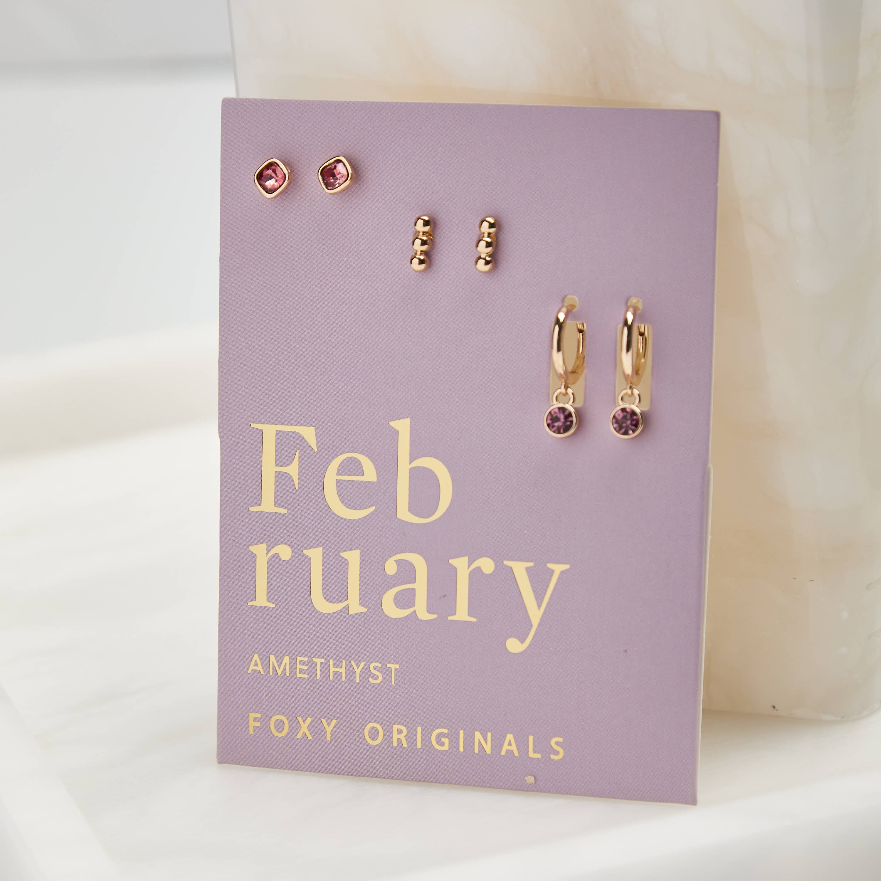 February Birthstone Stud + Huggie Hoop Earrings | Spring
