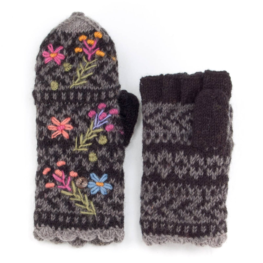 Sadie Wool Convertible Mittens with Embroidery: Light Natural