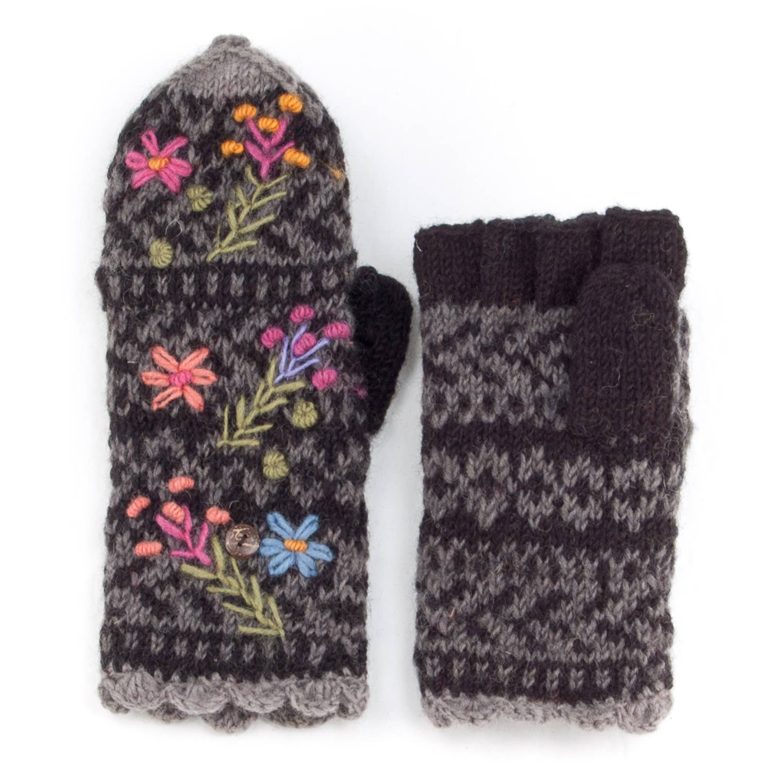 Sadie Wool Convertible Mittens with Embroidery: Light Natural