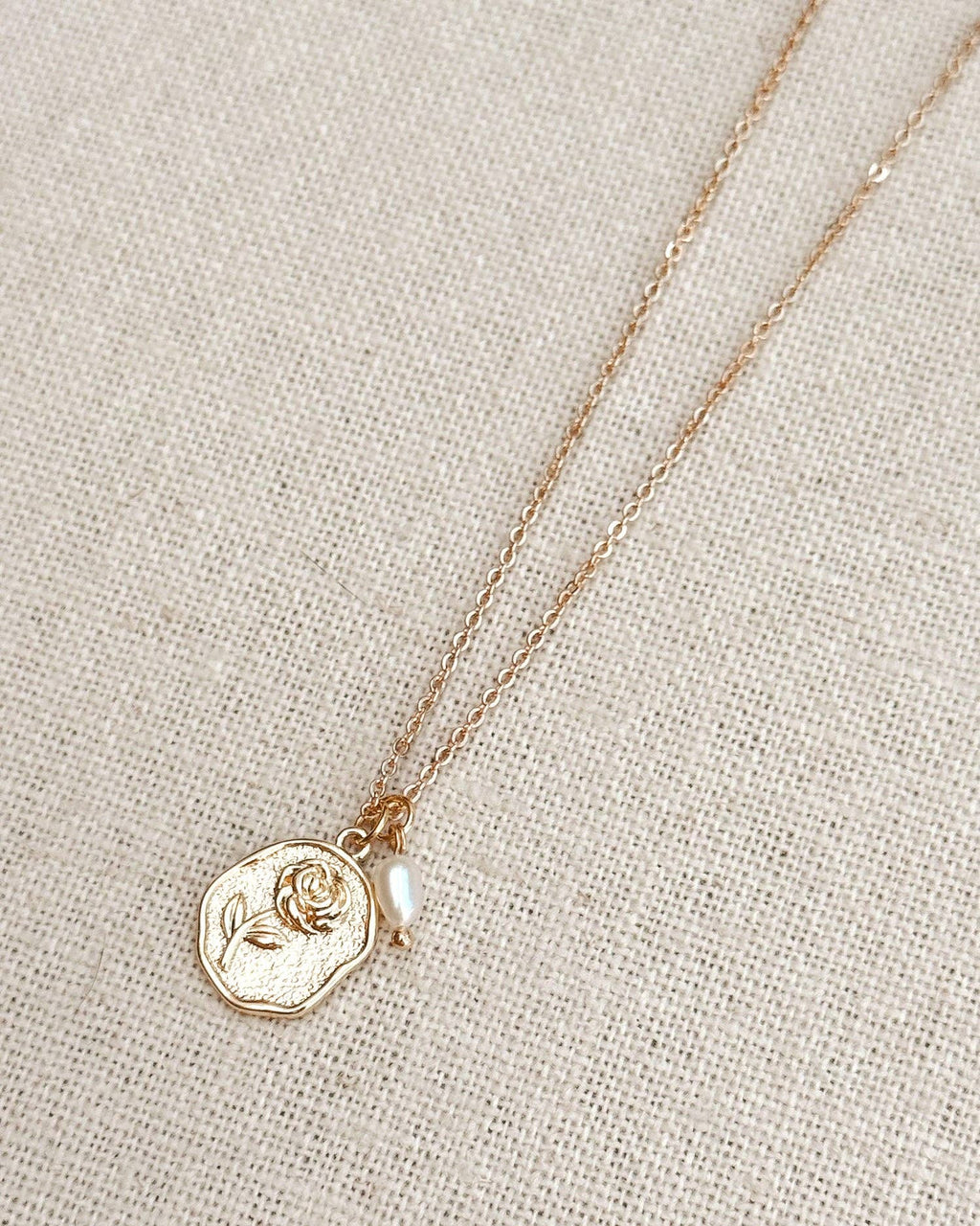 Rose Charm Necklace Gold Freshwater Pearl Detail