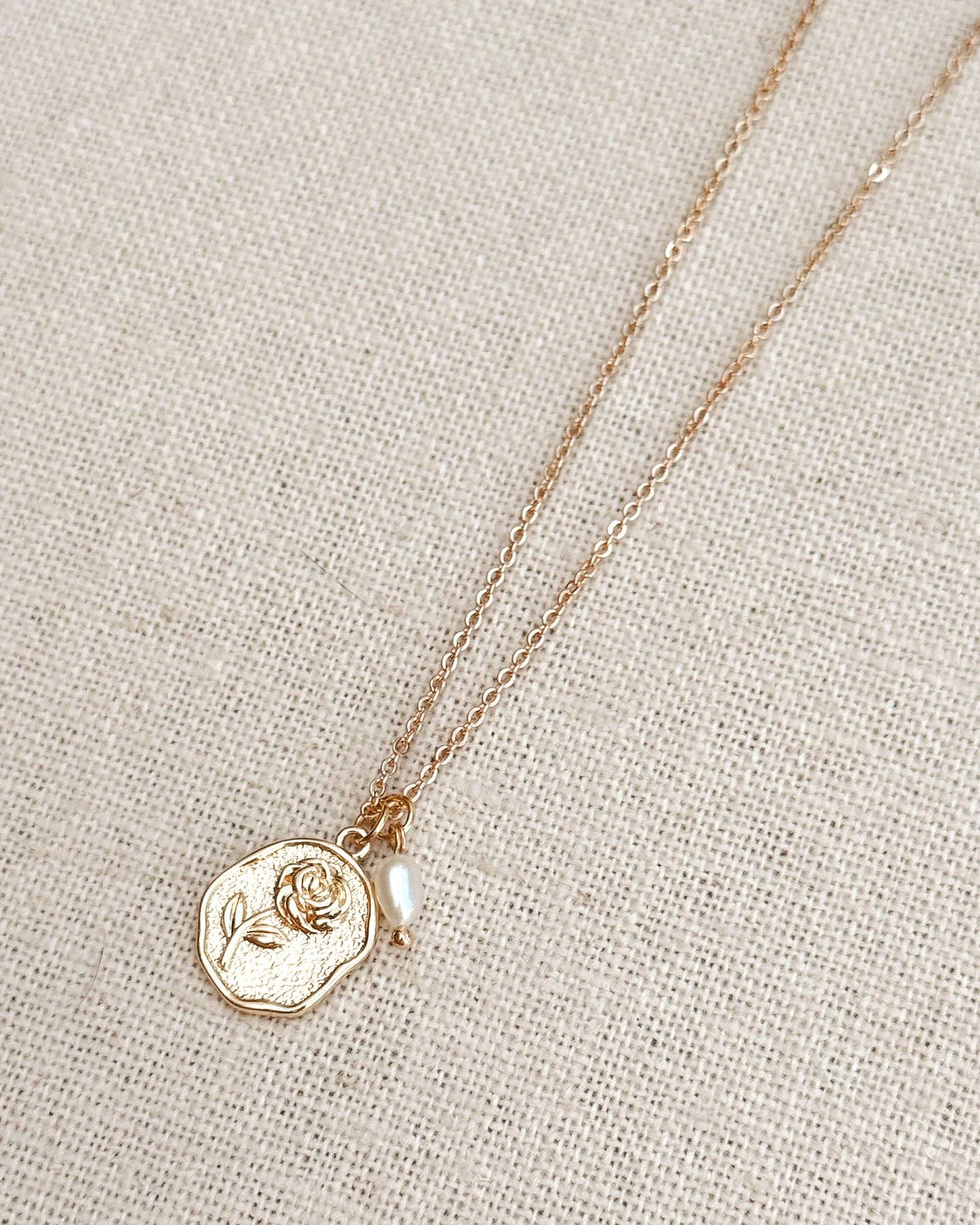 Rose Charm Necklace Gold Freshwater Pearl Detail