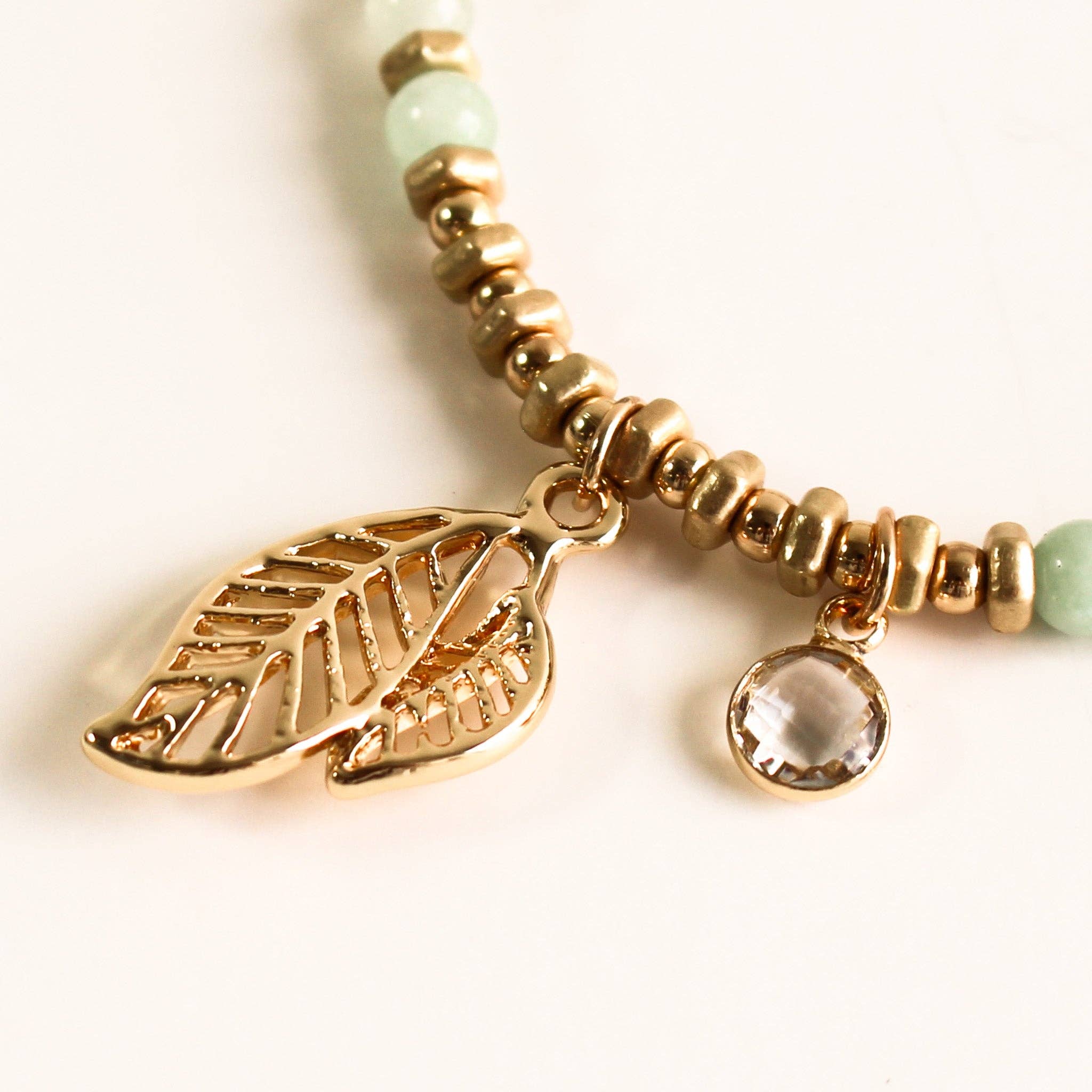 Stretch Bracelet | Gold & Green Stone, Leaf Charm