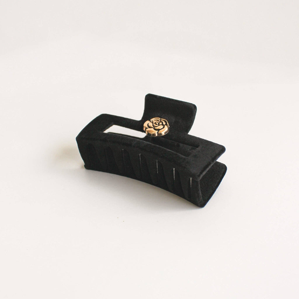 Claw Clip | Black Velvet with Gold Flower