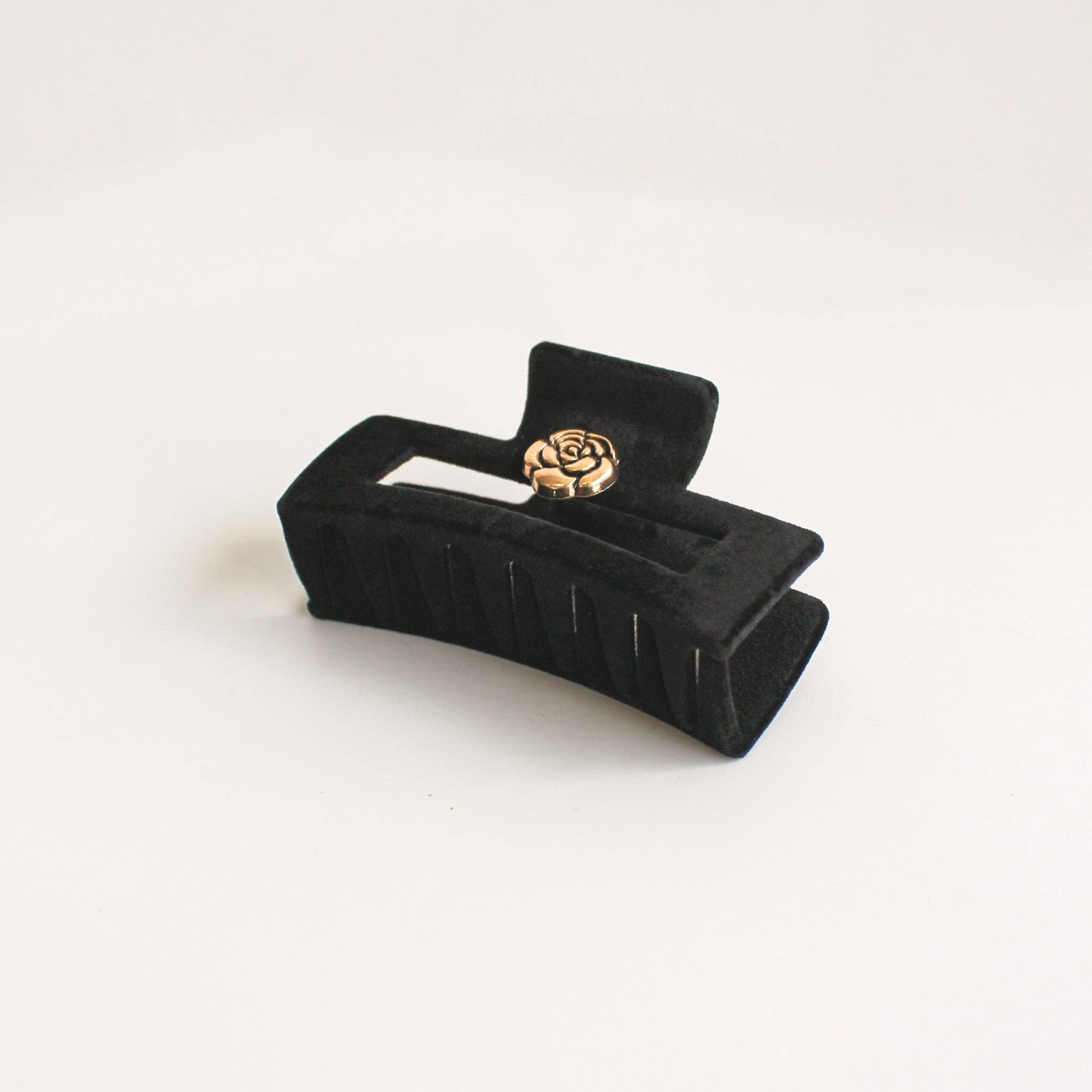 Claw Clip | Black Velvet with Gold Flower