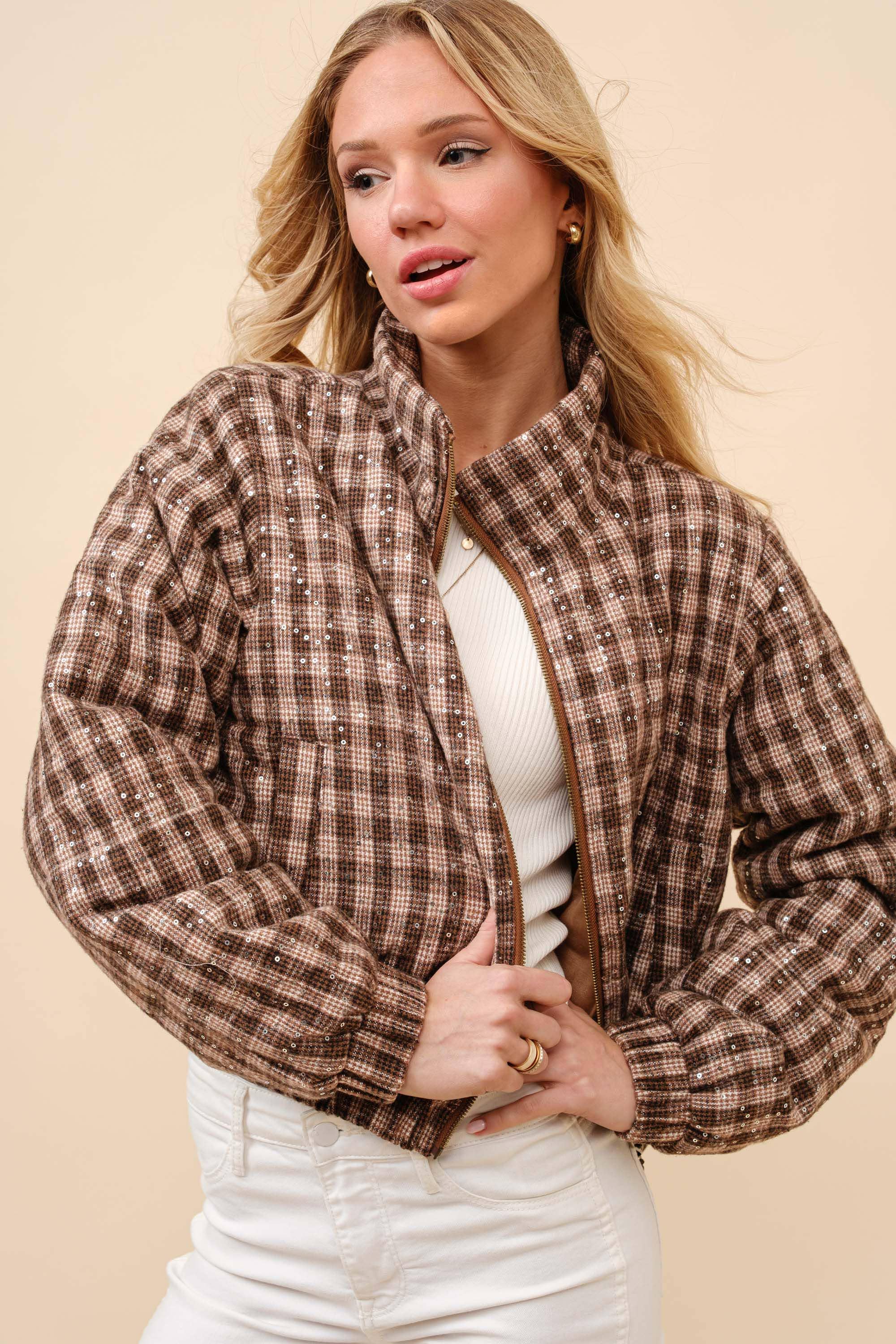 Sequin Plaid Cropped Puffer