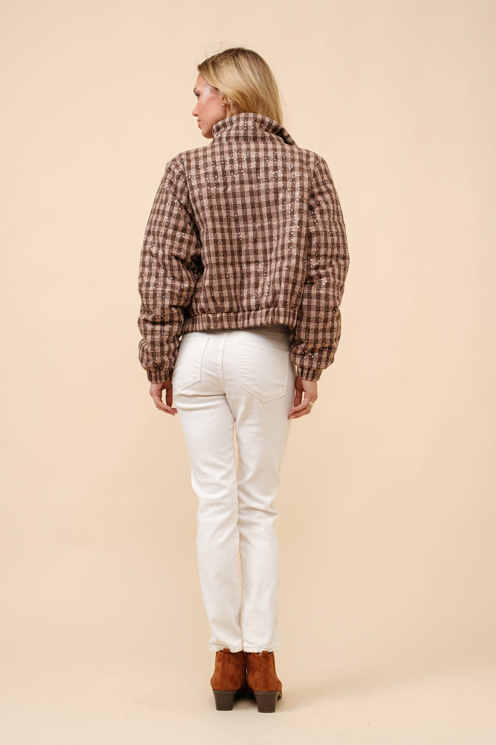 Sequin Plaid Cropped Puffer