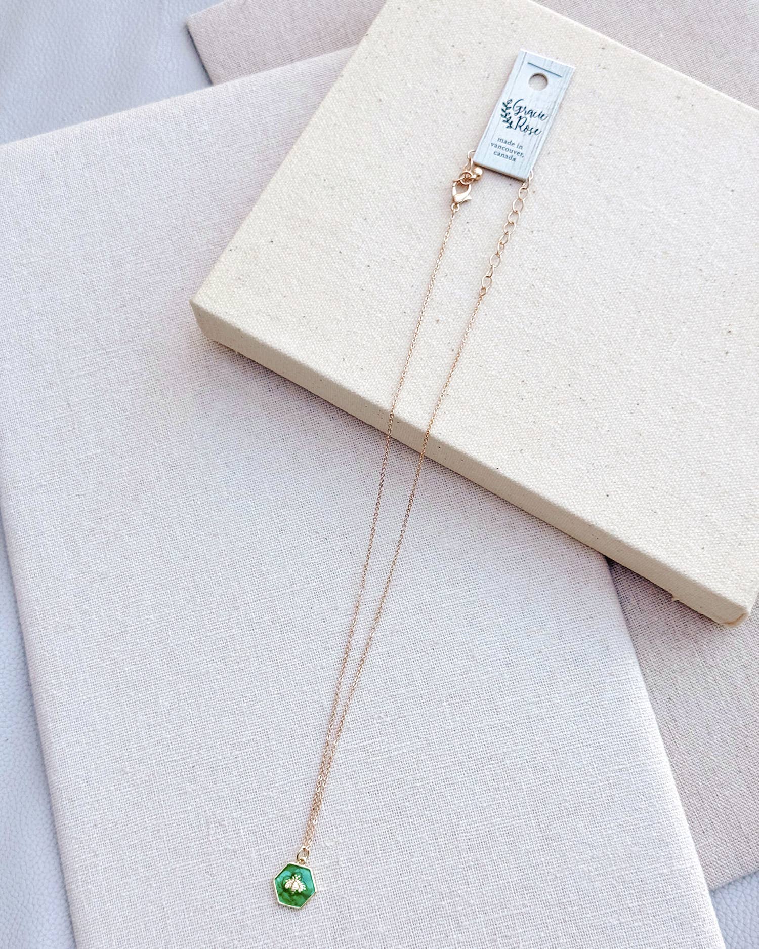 Gold Green Enamel Charm Necklace