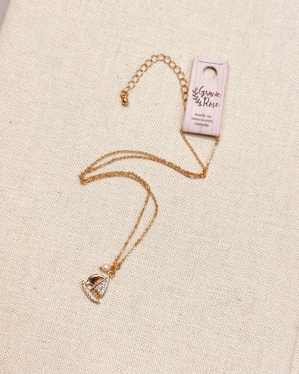 CZ Sailboat Charm Gold Necklace with Pearl