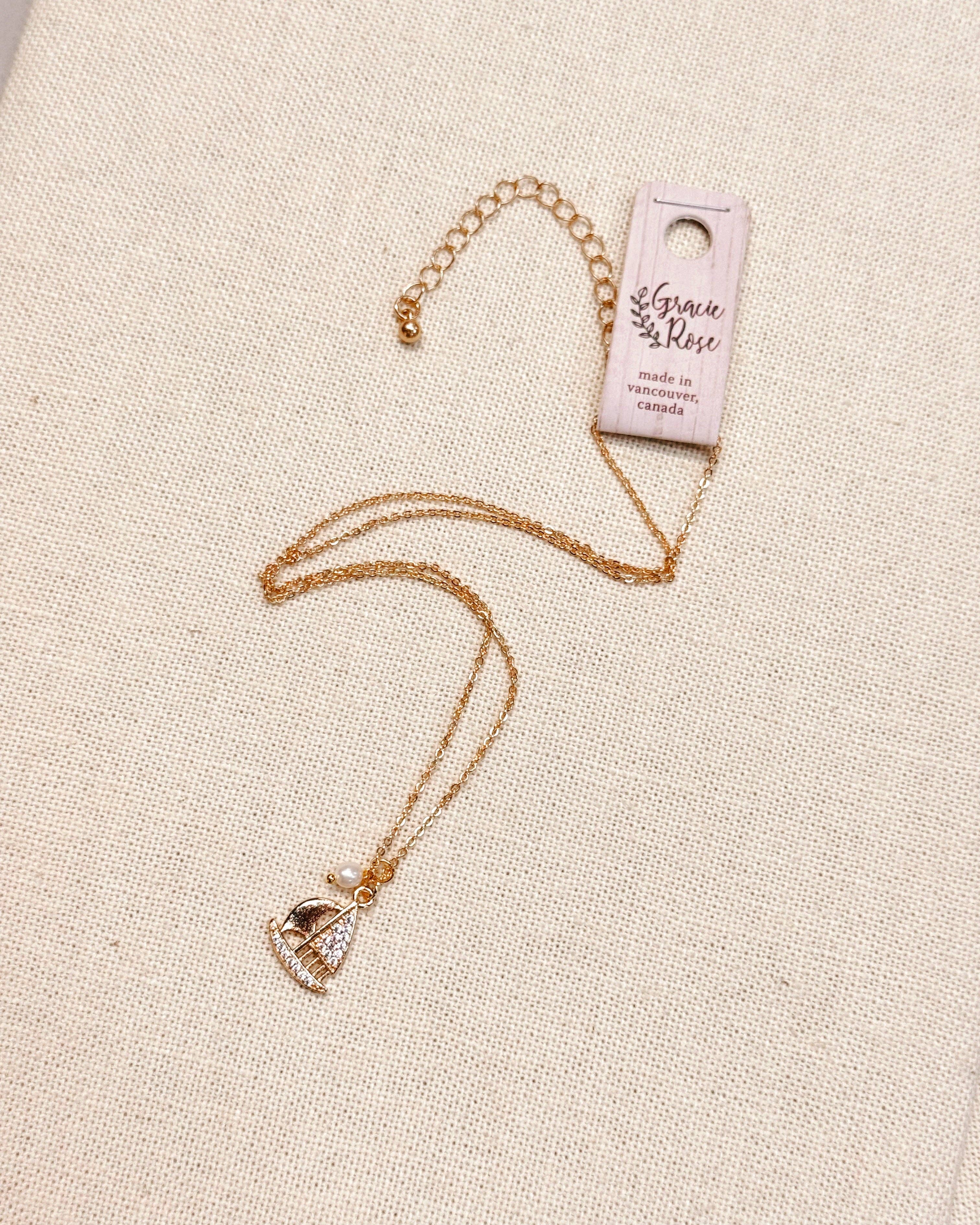 CZ Sailboat Charm Gold Necklace with Pearl