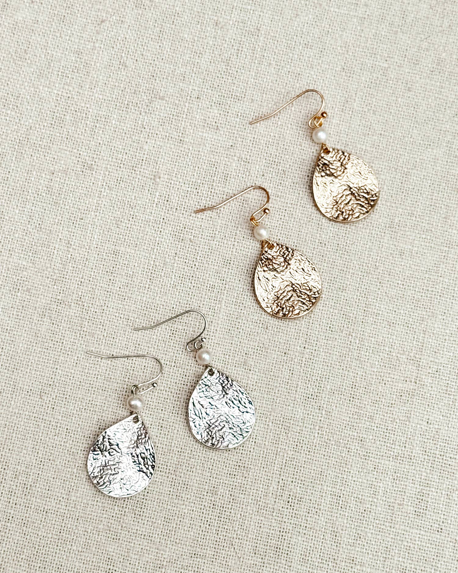 Hammered Teardrop & Freshwater Pearl Dangle Earrings