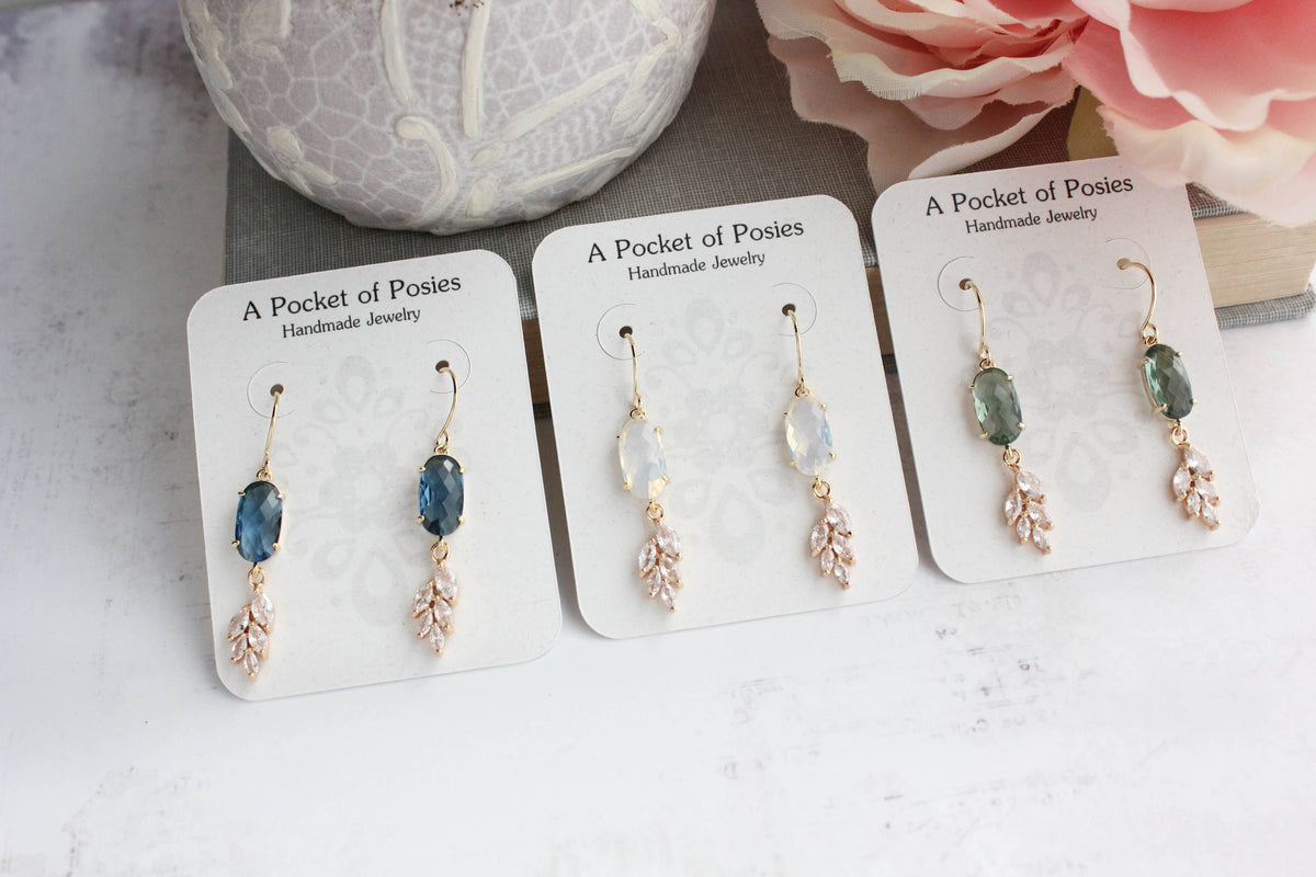 Blue Crystal Leaf Motif Earrings