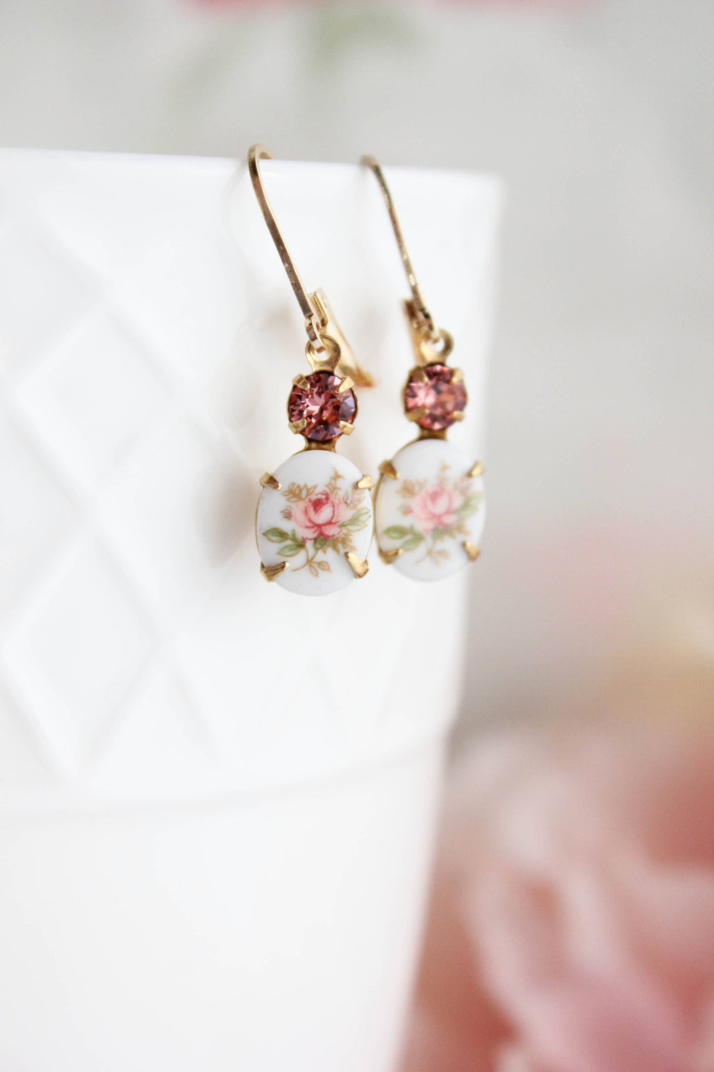 Pink Rose Flower Cameo Earrings