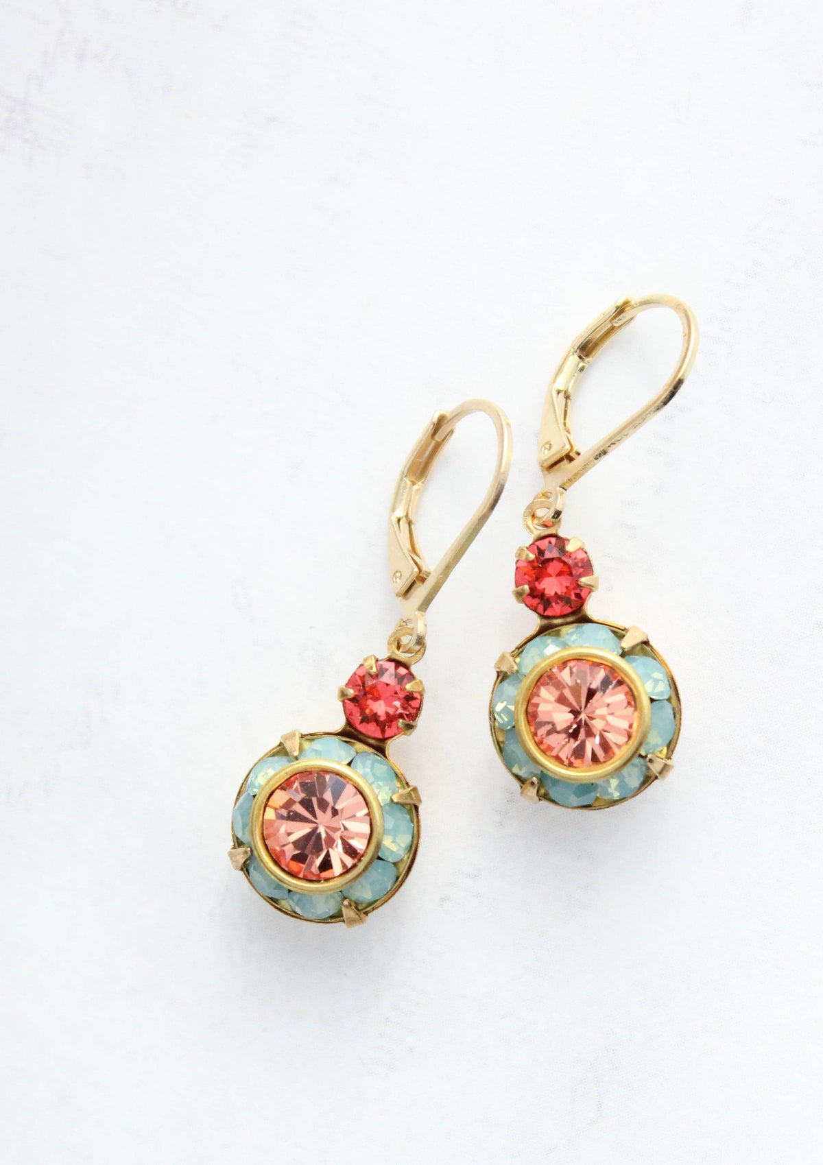Art Deco Earrings | Coral Peach and Aqua Opal