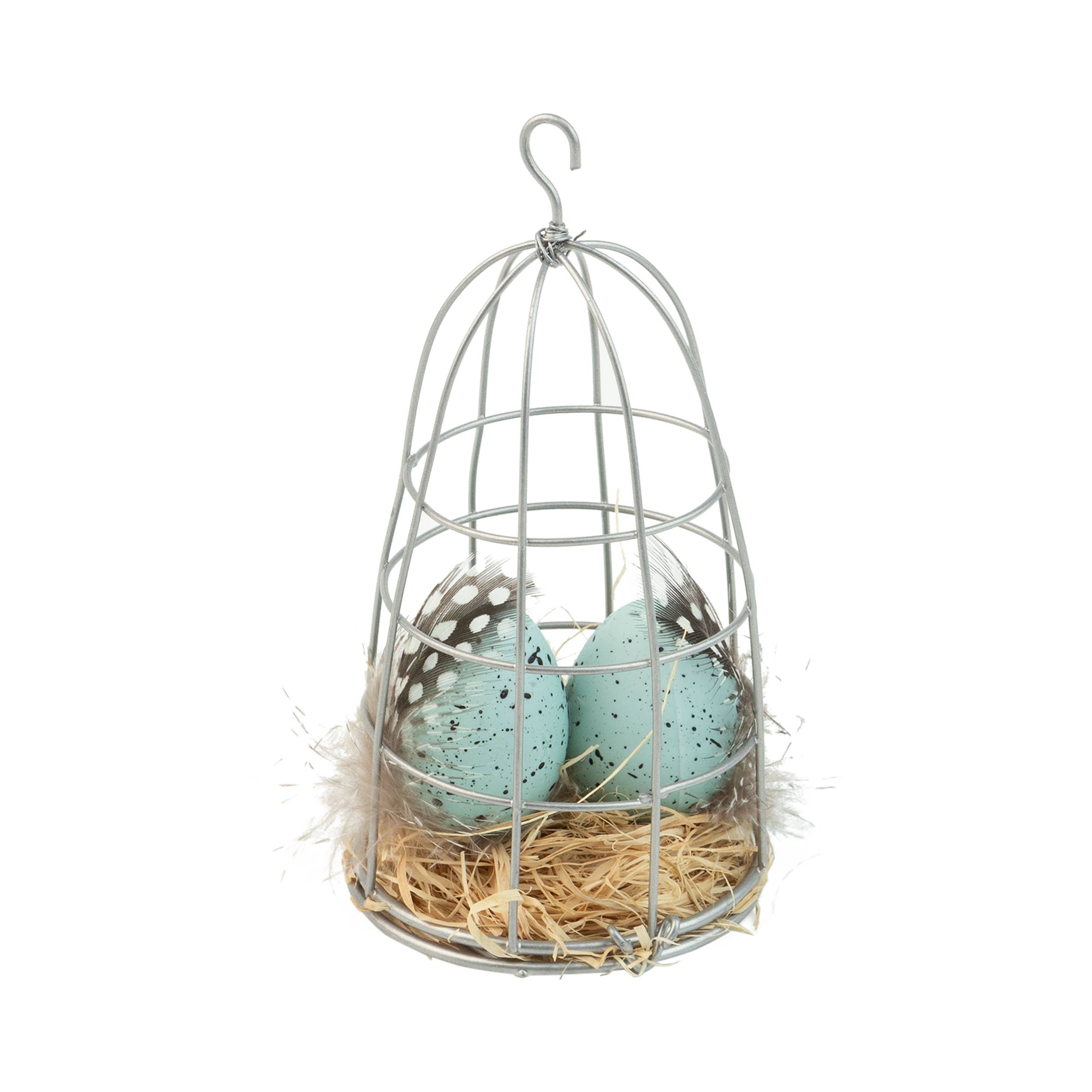 A23770: Wire caged eggs on straw bed, pale blue, 5 in