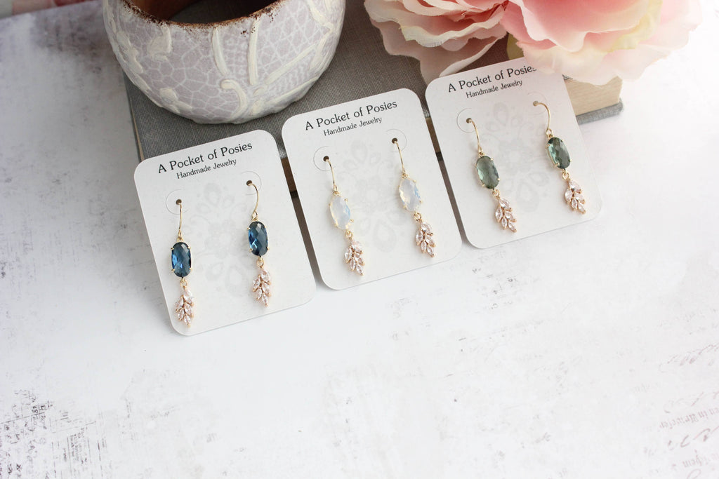 Blue Crystal Leaf Motif Earrings