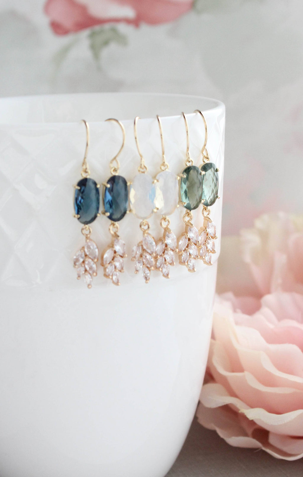 Blue Crystal Leaf Motif Earrings