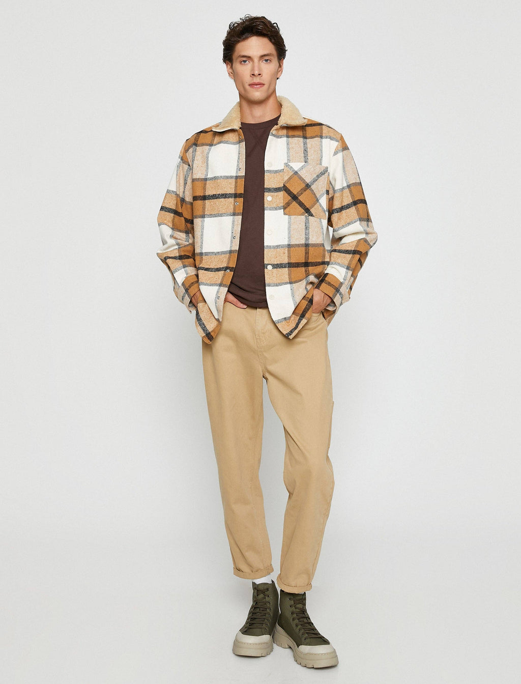 Men's Sherpa Collar Plaid Overshirt Jacket
