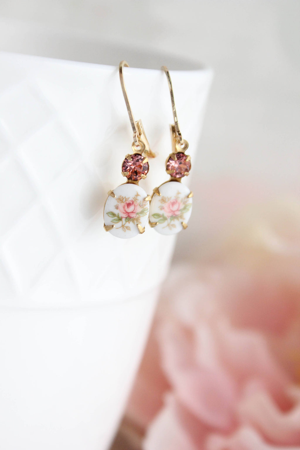 Pink Rose Flower Cameo Earrings