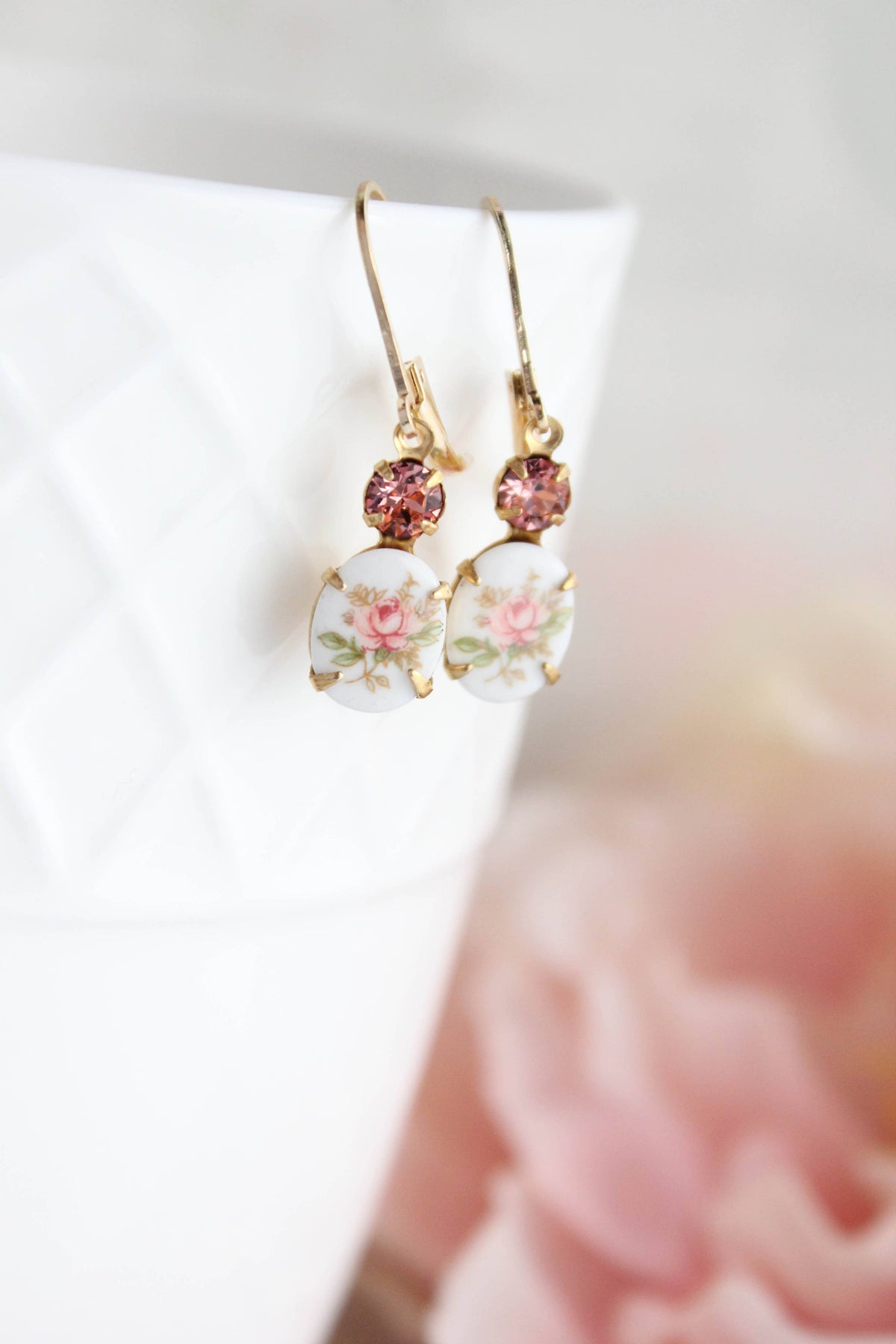 Pink Rose Flower Cameo Earrings