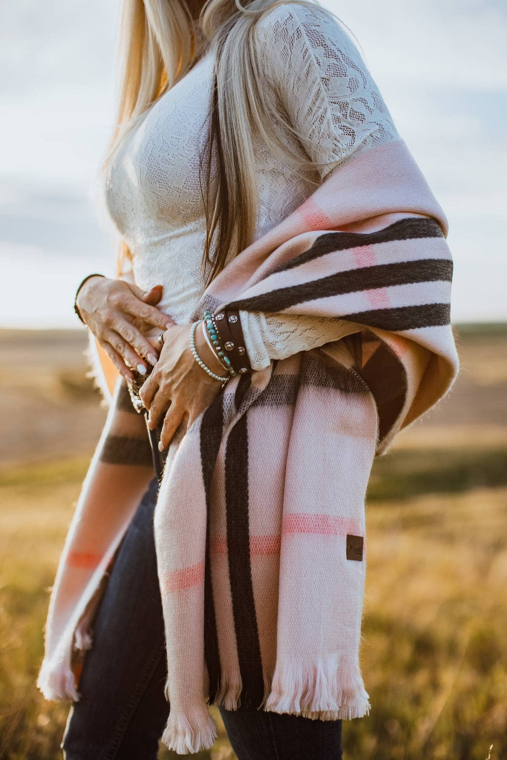 Cherry Blossom Plaid Alpaca Wool Blanket Scarf