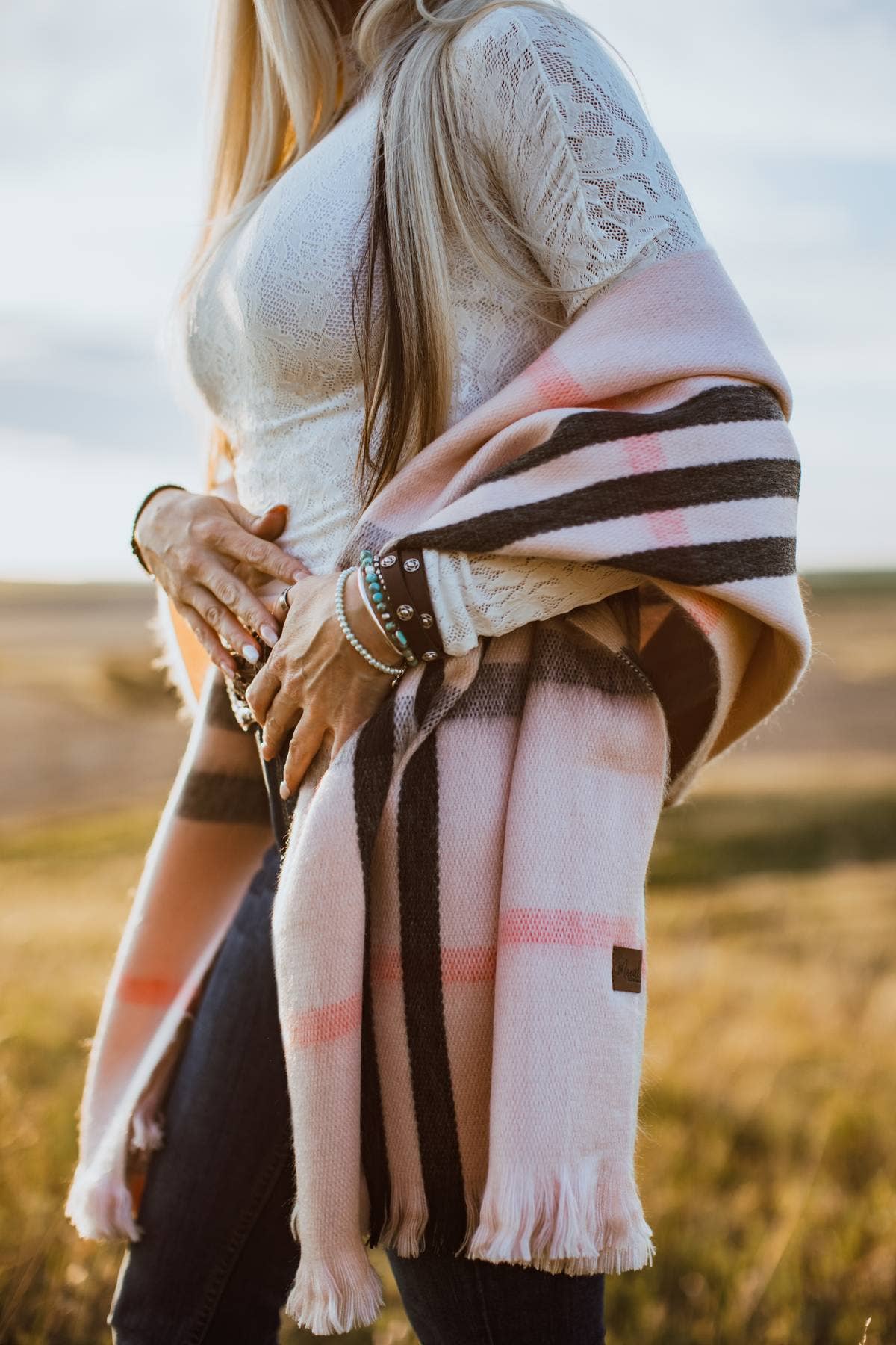 Cherry Blossom Plaid Alpaca Wool Blanket Scarf
