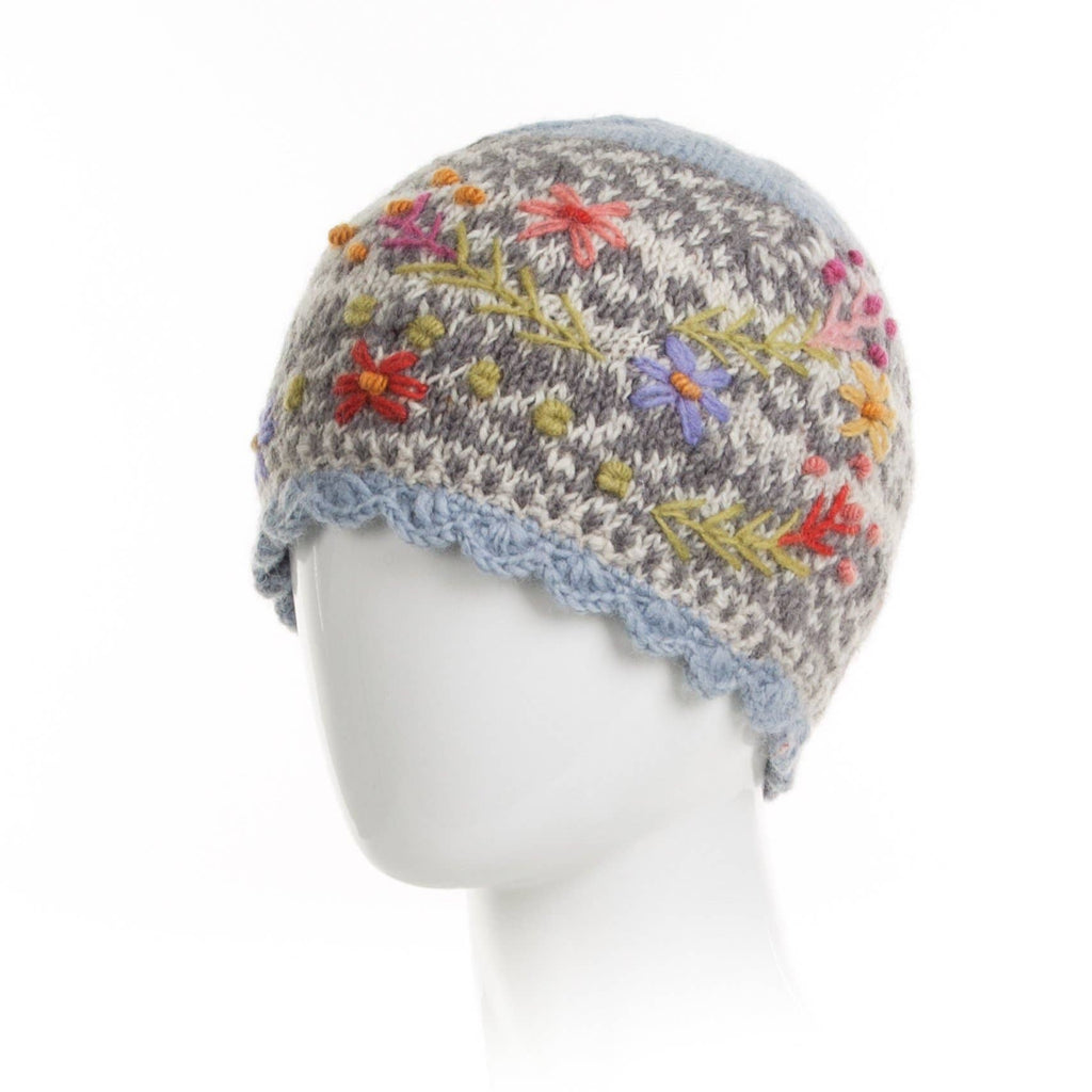 Sadie Floral Embroidered Wool Beanie Hat: Mint