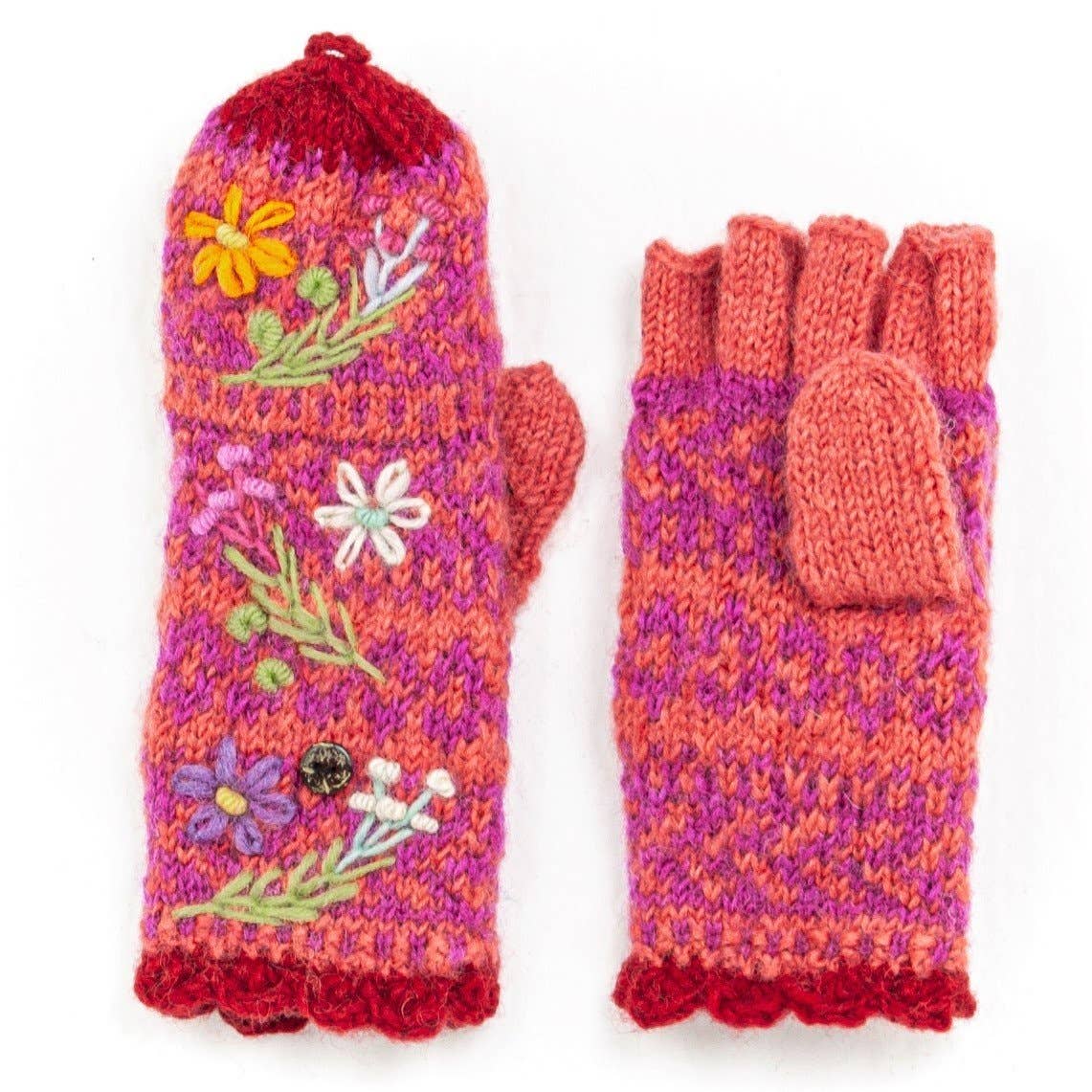 Sadie Wool Convertible Mittens with Embroidery: Mint