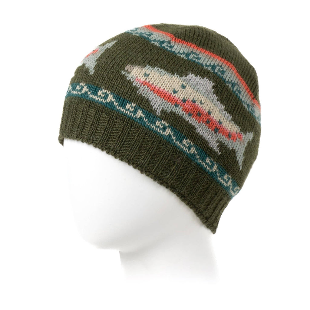 Trout Wool Beanie Hat with Fish Motif : Moss