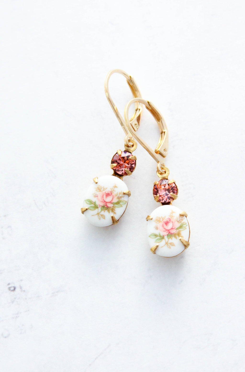 Pink Rose Flower Cameo Earrings