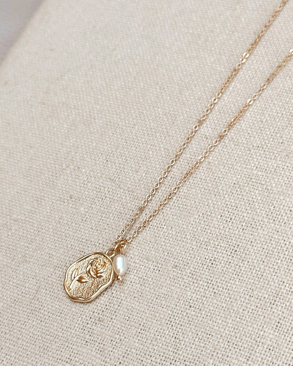 Rose Charm Necklace Gold Freshwater Pearl Detail