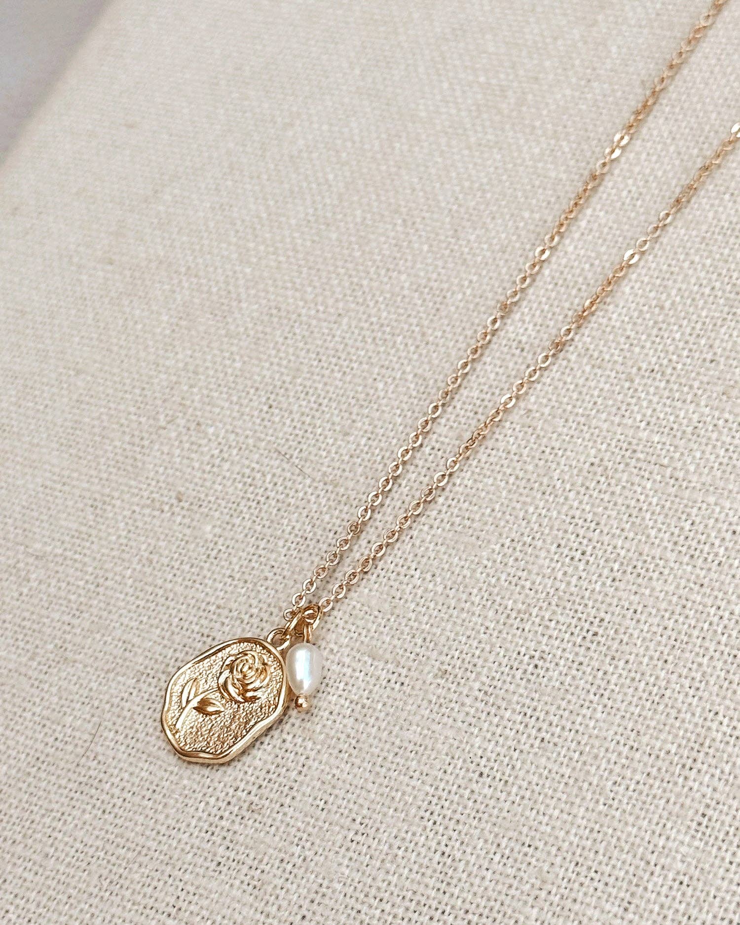 Rose Charm Necklace Gold Freshwater Pearl Detail