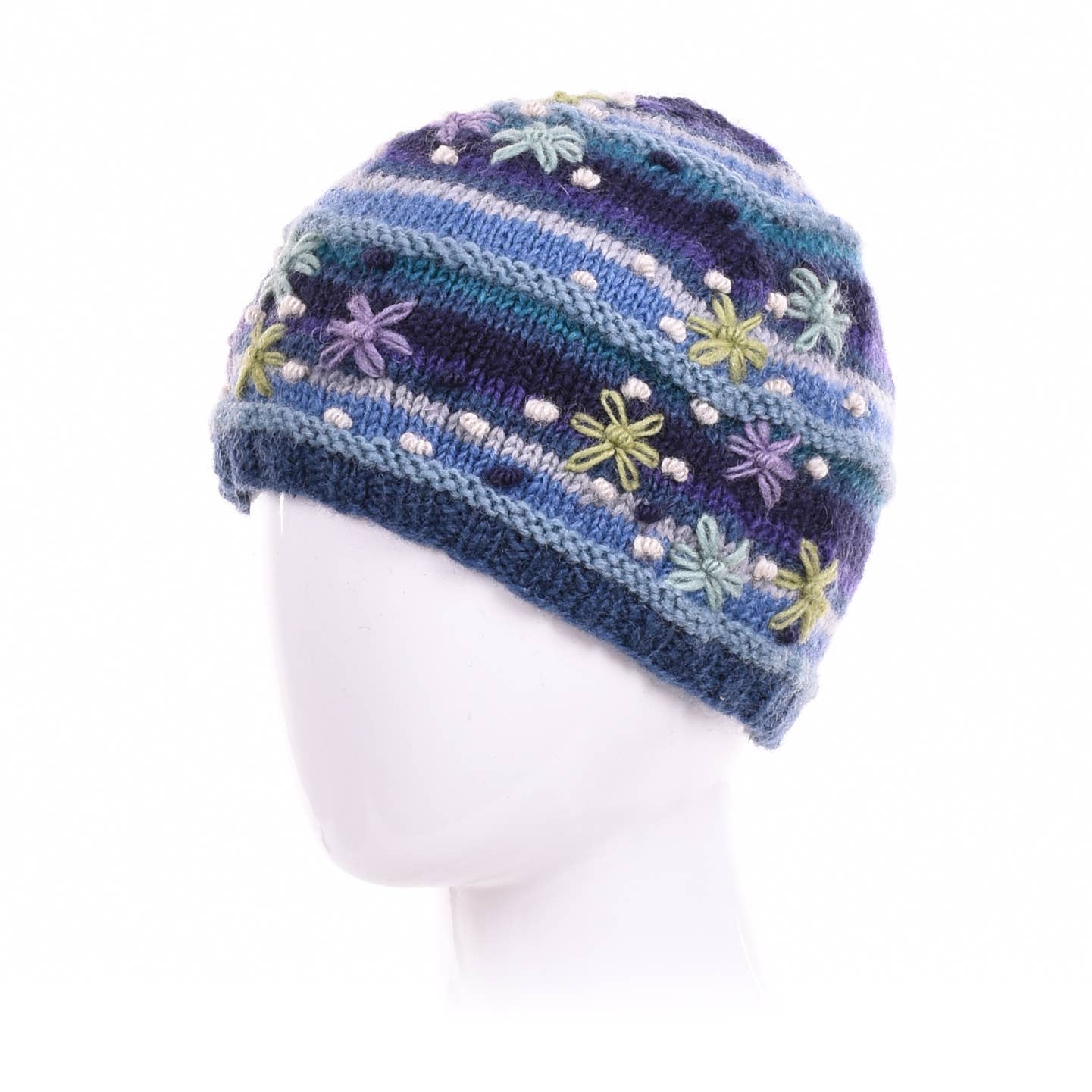 Skylar Beanie Hat – Striped Knit with Embroidered Flowers: Denim