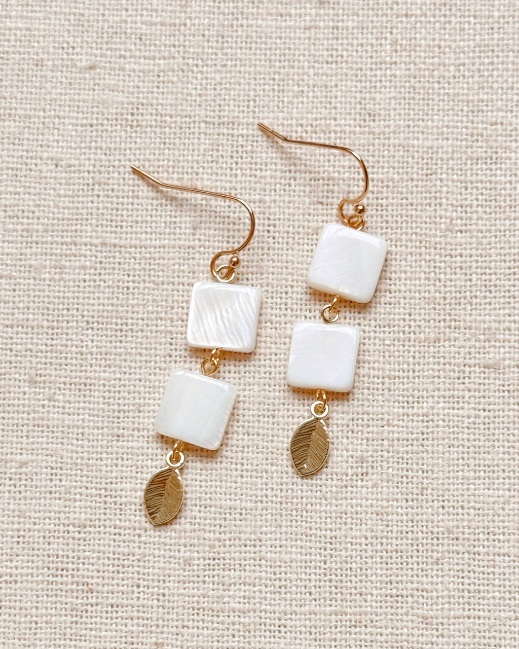 Gold Double Shell and Leaf Drop Earrings